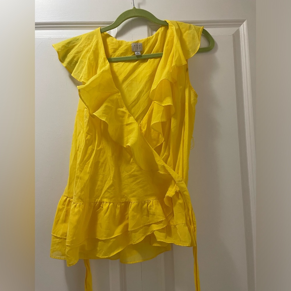 A New Day Medium, Gauze- Thin Wrap Shirt Tunic with Ruffles Bright Yellow